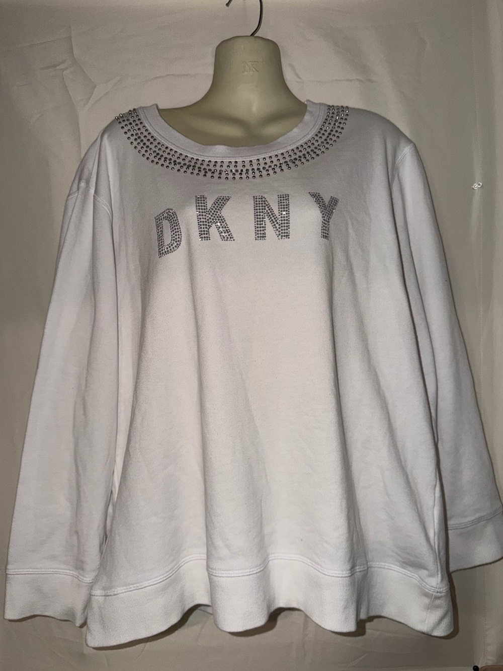 DKNY White Sweatshirt with Rhinestone Logo and Embellished Neckline